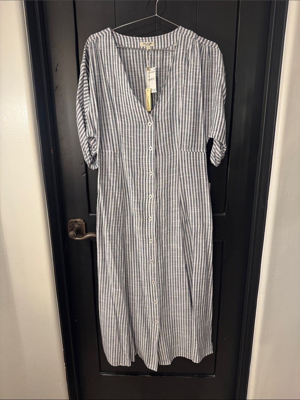 Max Studio Blue and White Striped Button-Front Midi Dress
